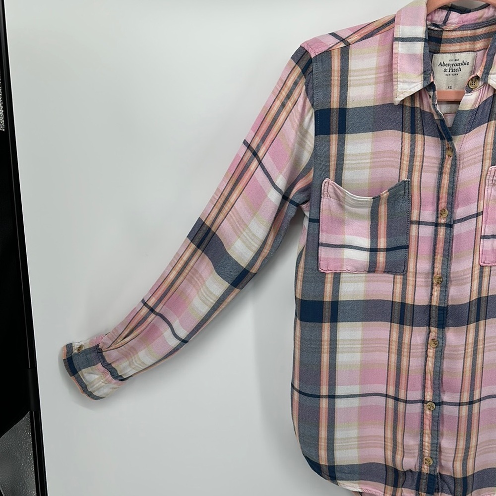 Abercrombie&Fitch Y2K Western Preppy Skater Pink&Blue Long Sleeve B/F Shirt SzXS - Picture 3 of 10